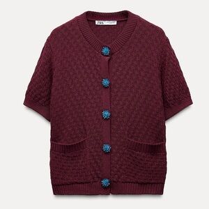 ZARA Jewel Button Knit Burgundy Short Sleeve Cardigan